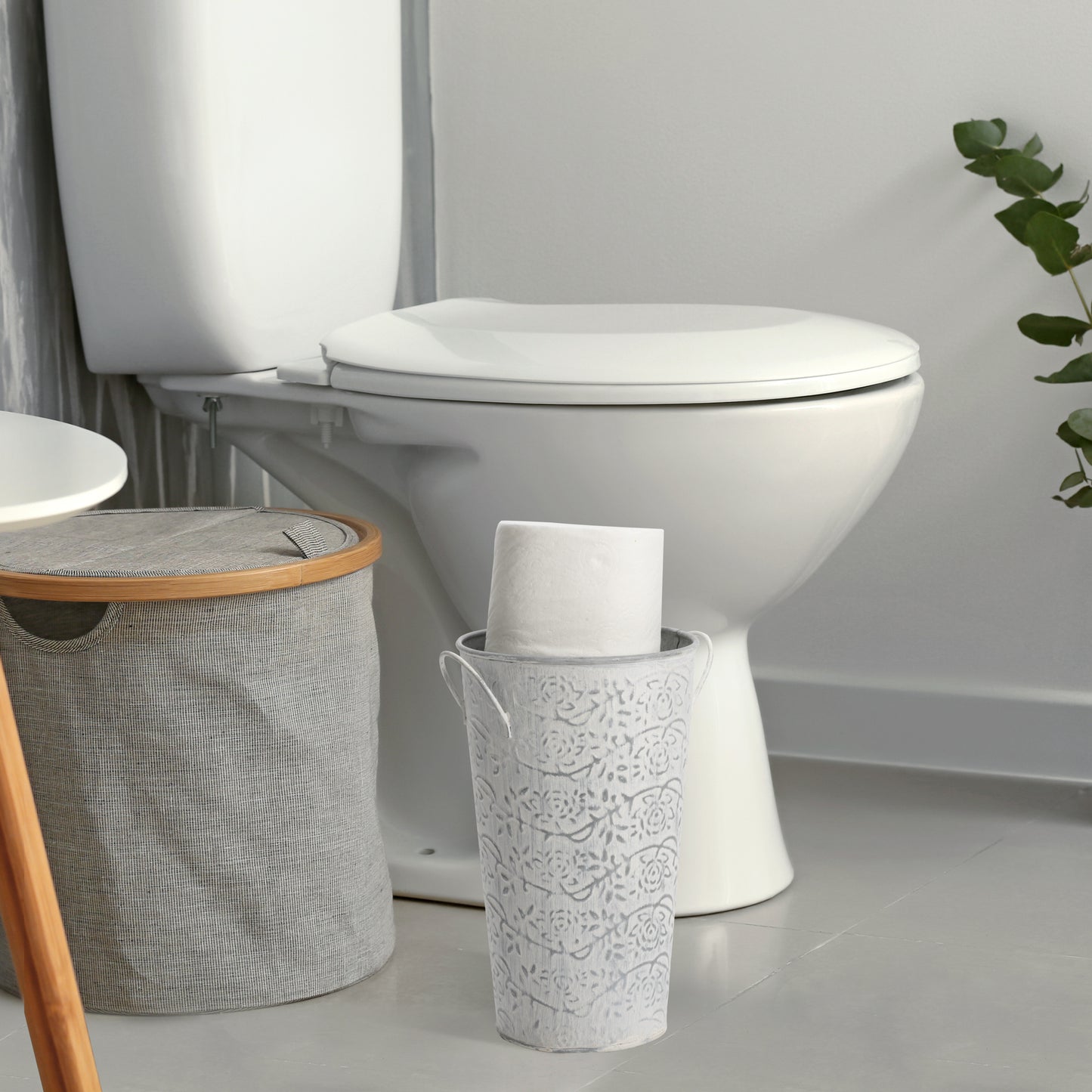 Distressed White Tall Vase - Floral Pattern