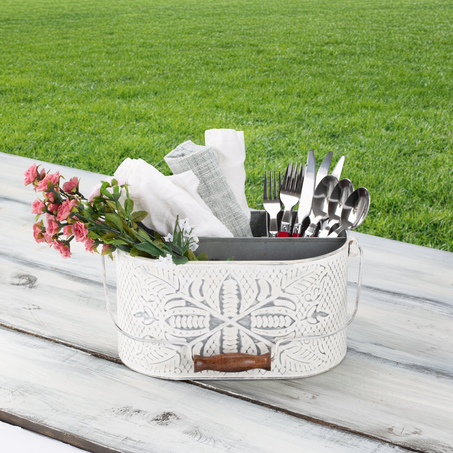 Distressed White Metal Caddy