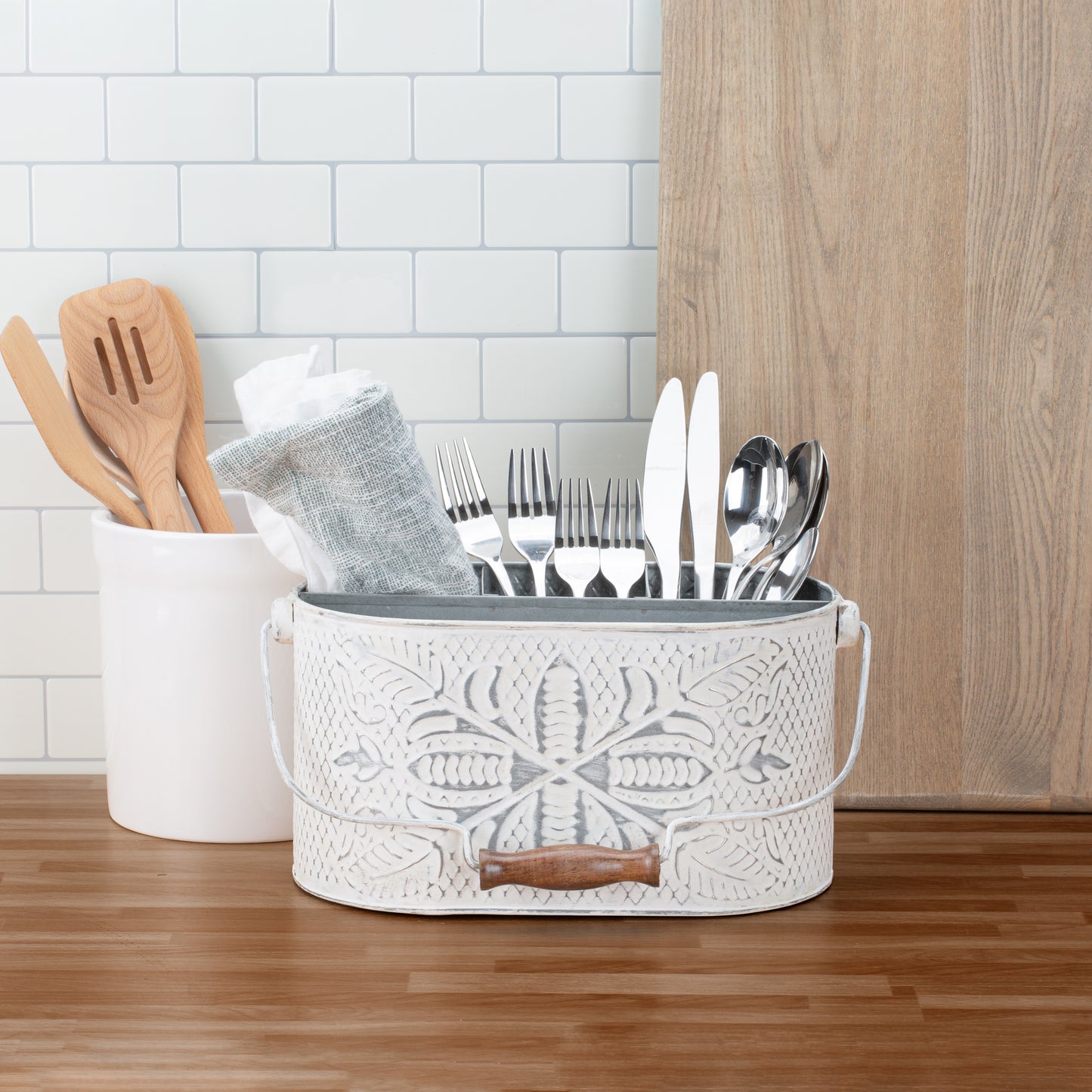 Distressed White Metal Caddy